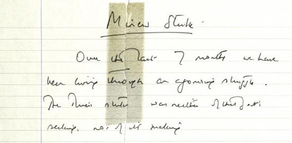 A Sellotaped page from the speech that never was. Homepage image: Miner's strike, 1984 by Nick Sarebi (CC: Att)