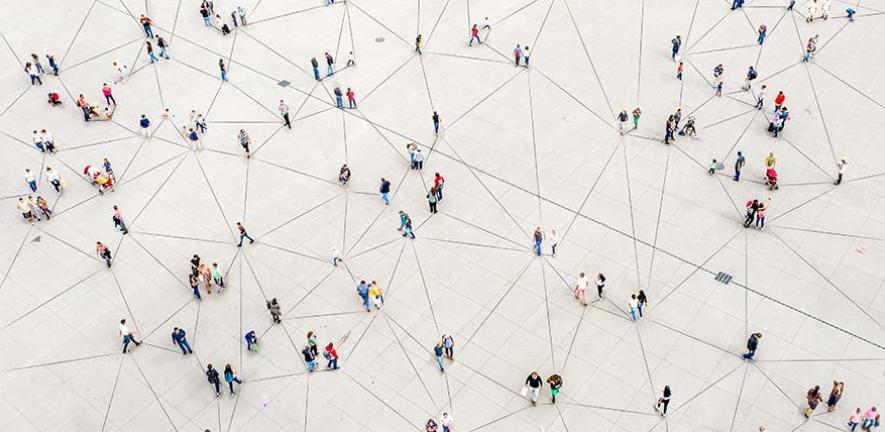 Aerial view of crowd connected by lines