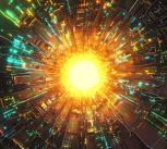 Digital generated image of abstract glowing tech data tunnel 